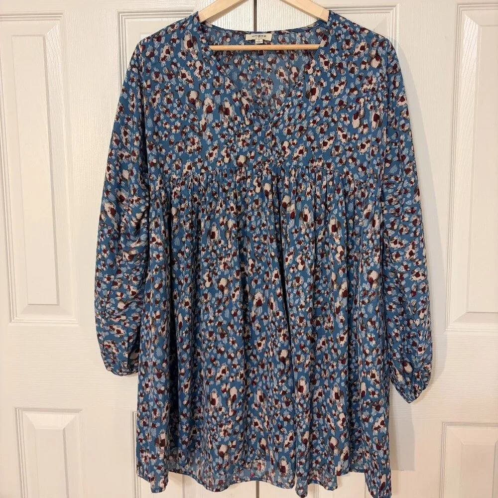 Boho Mini Peasant Baby Doll Dress‎ Tunic Blue Mixed Print Size Small - Picture 7 of 8